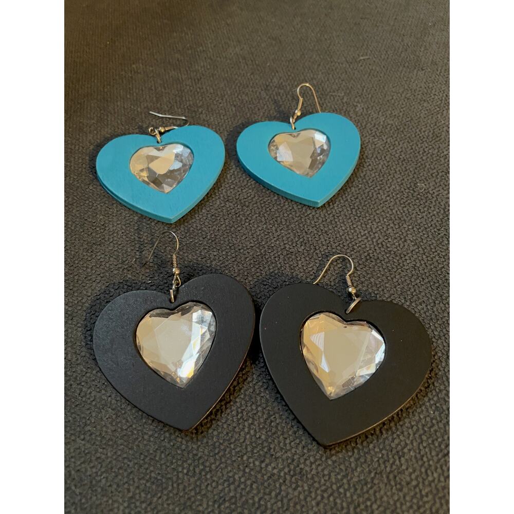 Bundle of 2 Vintage Wooden Heart Drop Earrings | Blue & Charcoal Gray